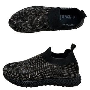 TAXI Rhinestone Studded Slip On Sock Athleisure Sneakers Women Size 8 Black